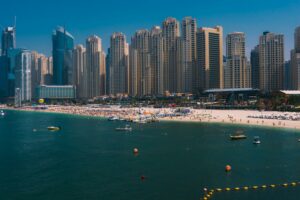 Aerial view of a Dubai public beach, a focus of Dubai Municipality projects