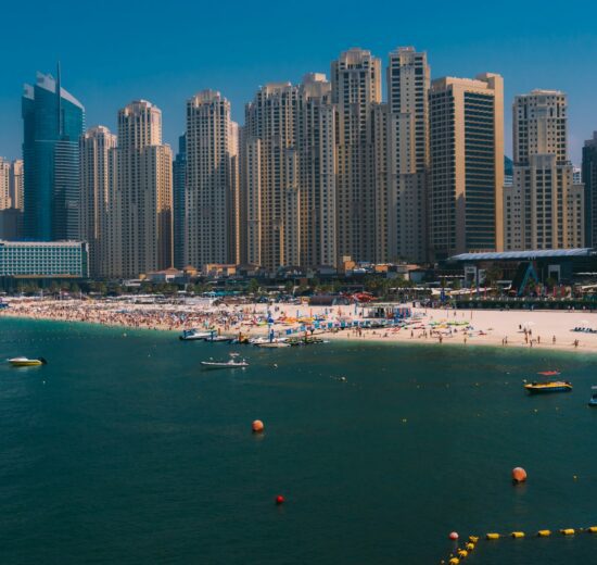 Aerial view of a Dubai public beach, a focus of Dubai Municipality projects