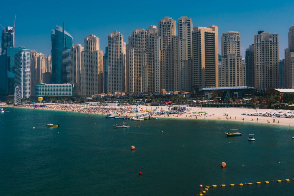 Aerial view of a Dubai public beach, a focus of Dubai Municipality projects