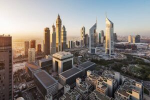 Dubai office rents: skyline of the Dubai business district with office towers