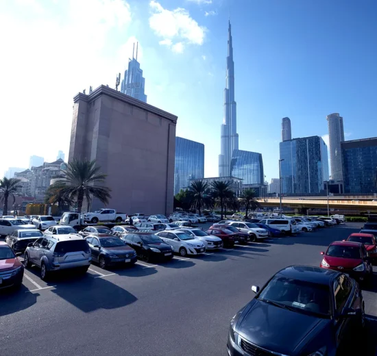 Cars parked in a designated public parking zone in Dubai