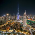 Dubai rental contracts: Downtown Dubai skyline at night with Burj Khalifa