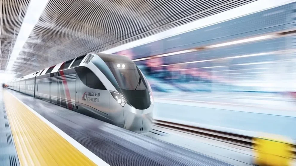 Etihad Rail train at a station platform ahead of the new Dubai Metro link
