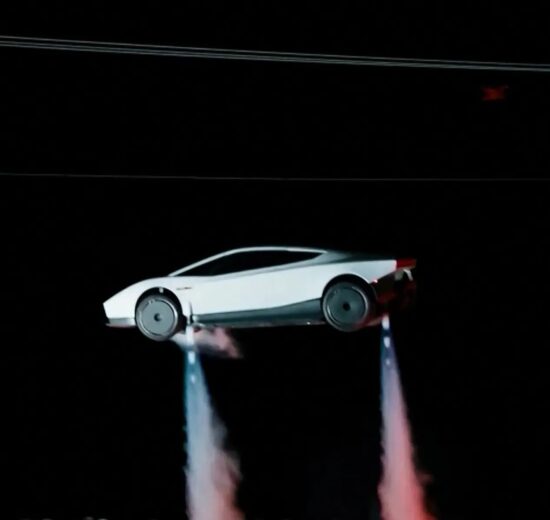 White new Tesla Roadster airborne at night with cold-gas thrusters firing beneath the wheels