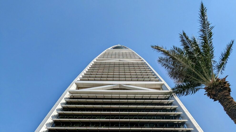 Riyadh tower against a blue sky as Riyadh remote learning continues in schools