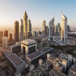 Rockefeller tower in Dubai: Sheikh Zayed Road skyline with office towers