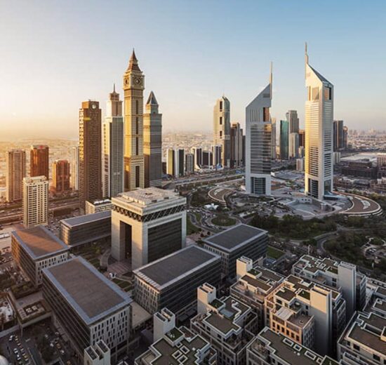 Rockefeller tower in Dubai: Sheikh Zayed Road skyline with office towers
