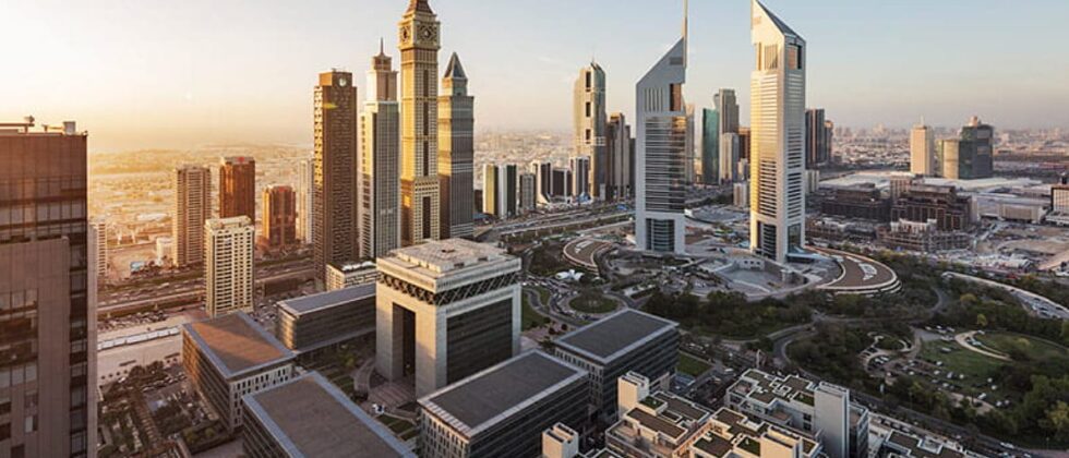 Rockefeller tower in Dubai: Sheikh Zayed Road skyline with office towers