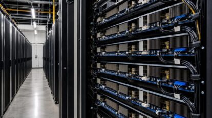 Server racks in a data center as SpaceX secures debt for AI chip expansion