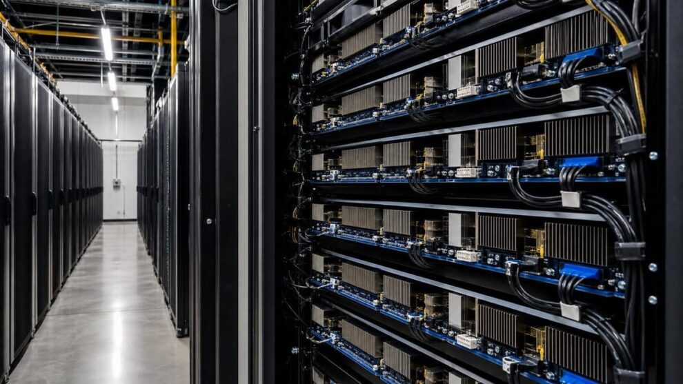 Server racks in a data center as SpaceX secures debt for AI chip expansion